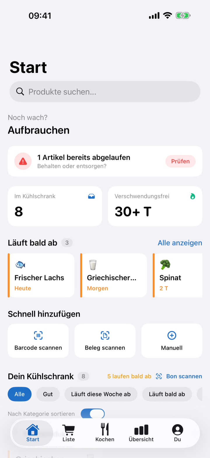 FridgeLoop-Startseite mit bald ablaufenden Lebensmitteln und Schnellerfassung