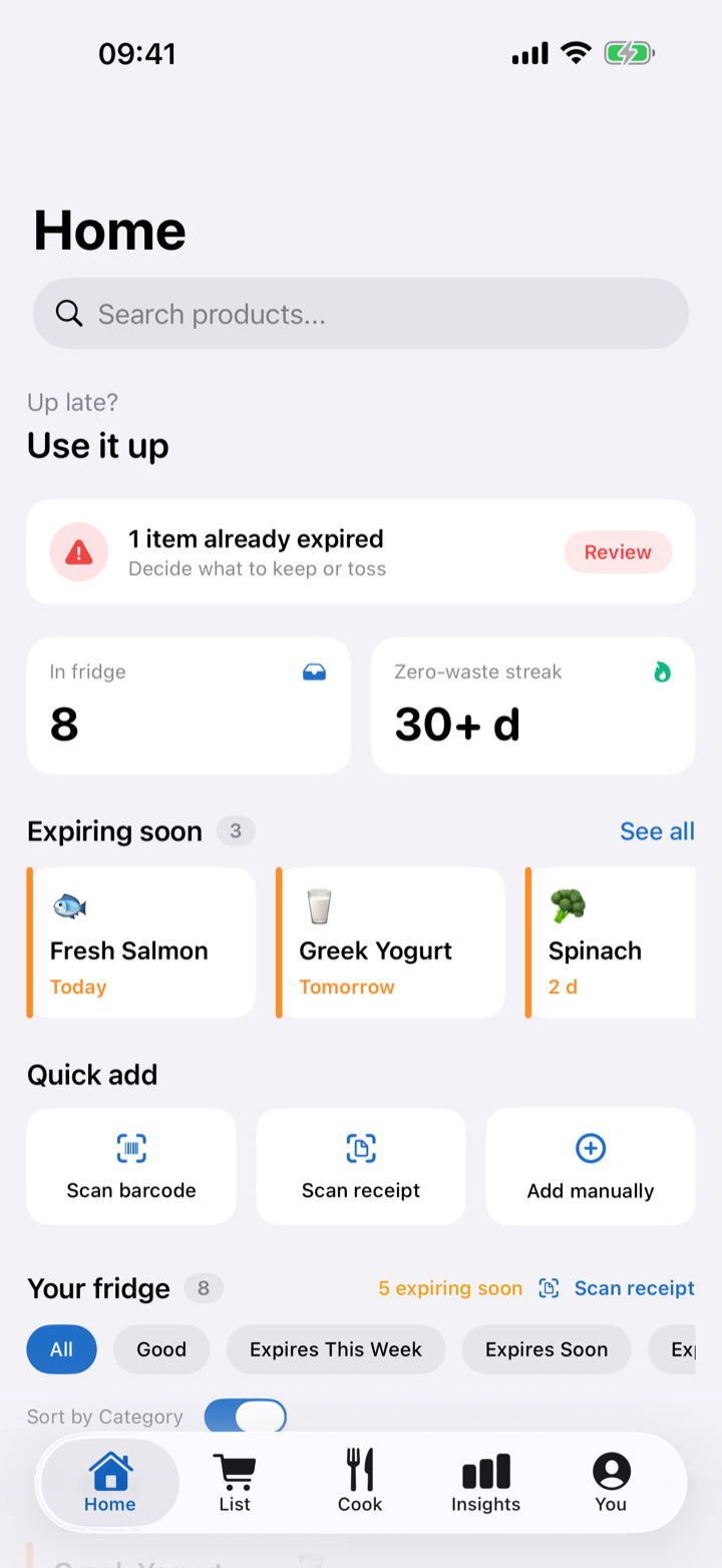 FridgeLoop home screen with expiring items