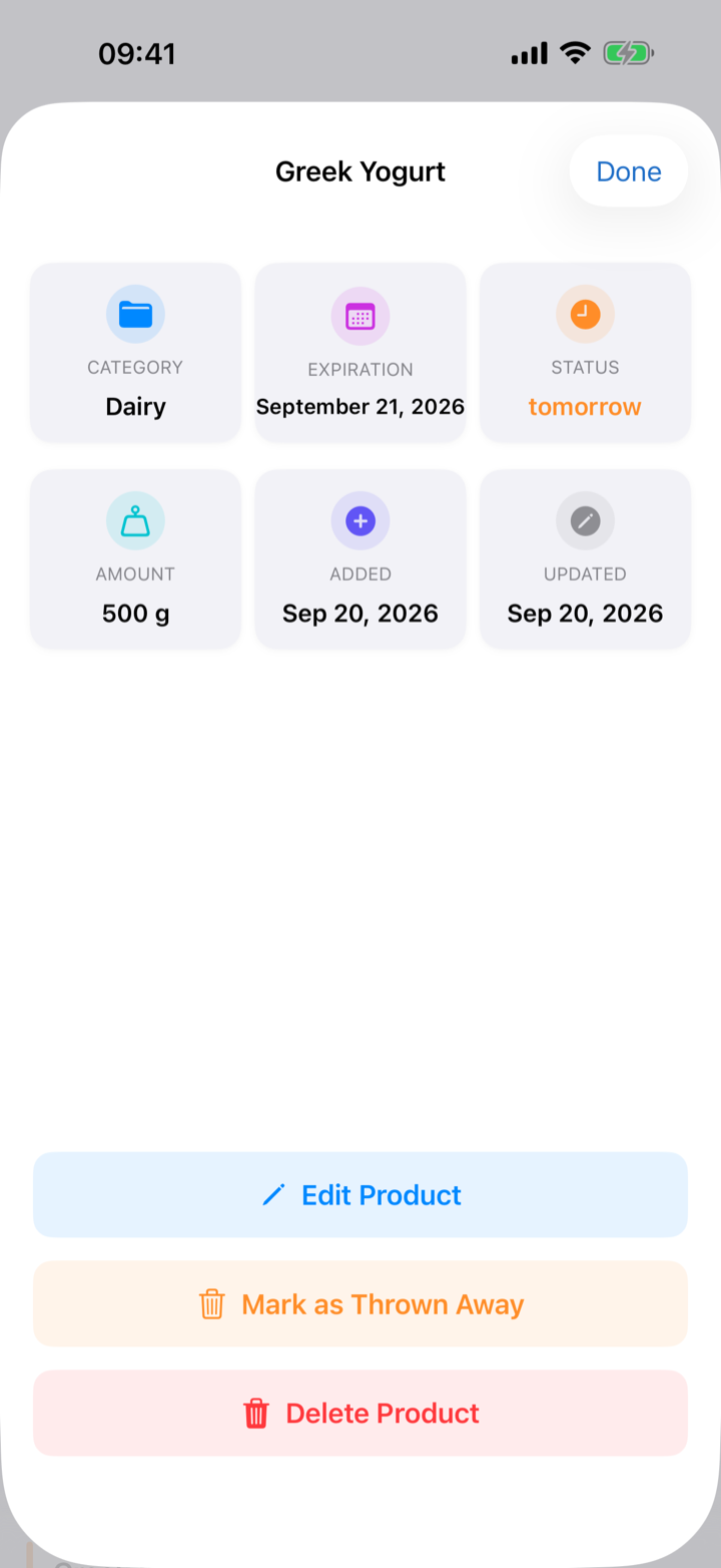 FridgeLoop item details with expiry date, category and storage tip